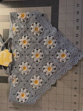 Hand-Crocheted Light Blue Daisy Headscarf with White & Yellow Accents